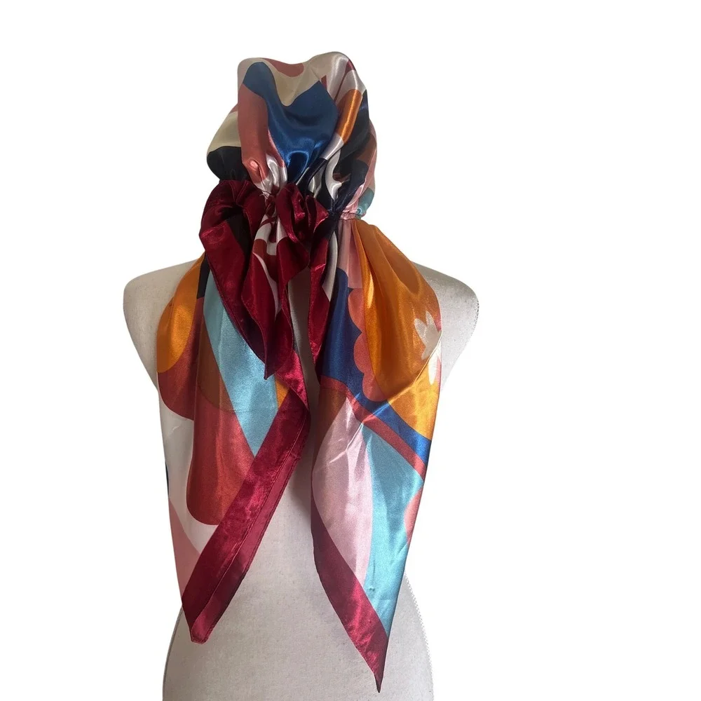 Retro Abstract Floral Satin Head Scarf Elastic Back Hair Wrap Multi Color
